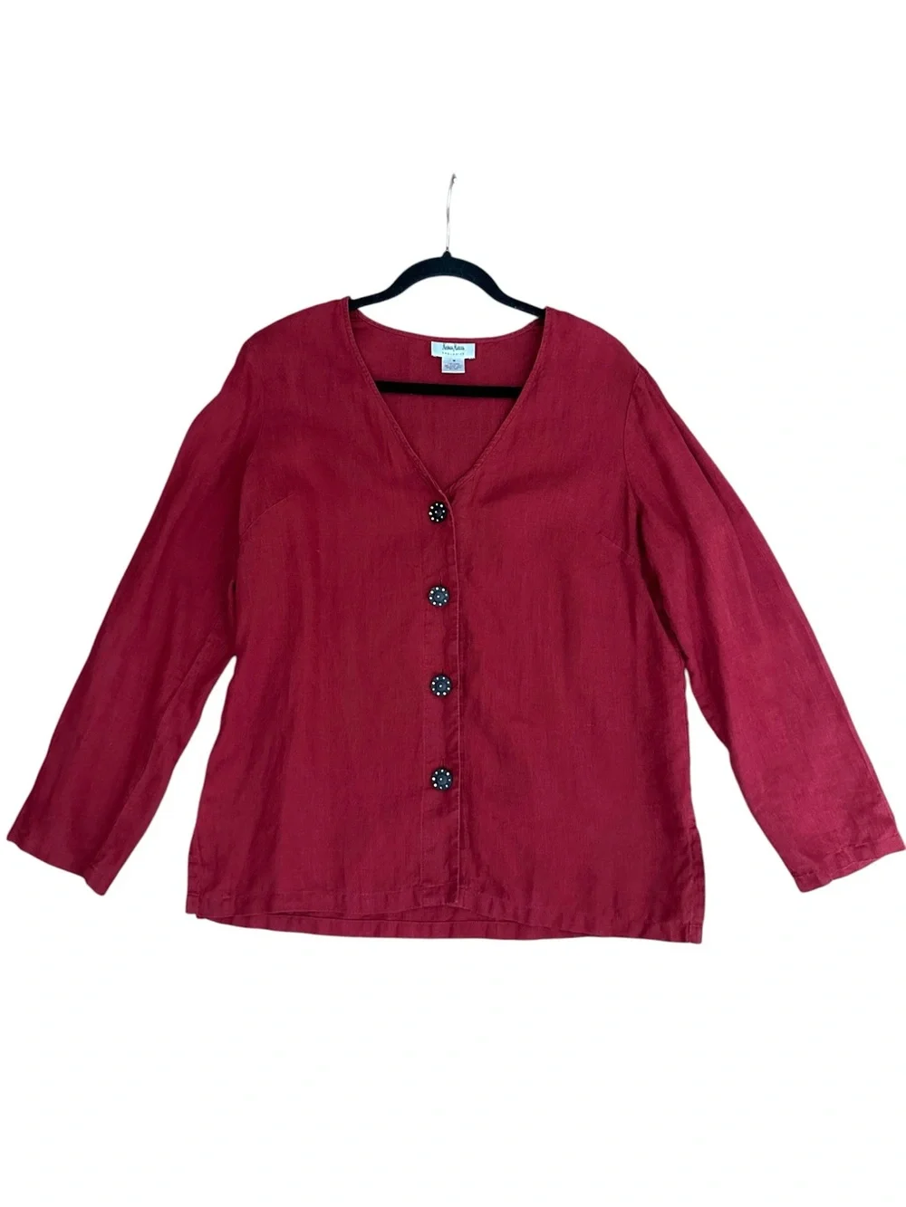 NEIMAN MARCUS 100% Linen Button Front Blouse Size Medium Red V-Neck Long Sleeve - Picture 11 of 11
